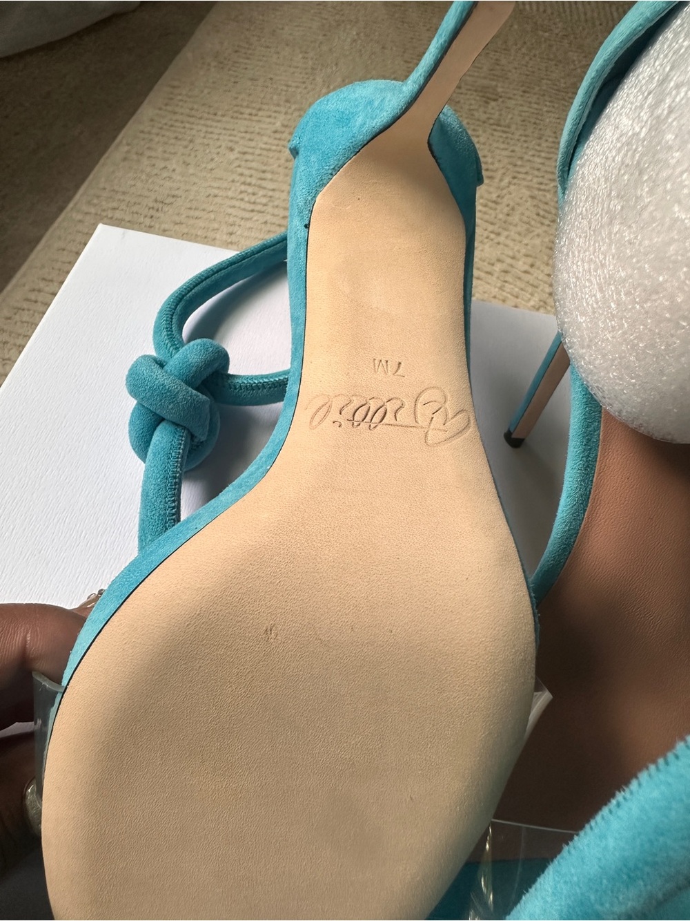 Blue Suede Knot Ankle Rope Strap Heels - AMINAH ABDULLJILIL - Picture 5 of 5